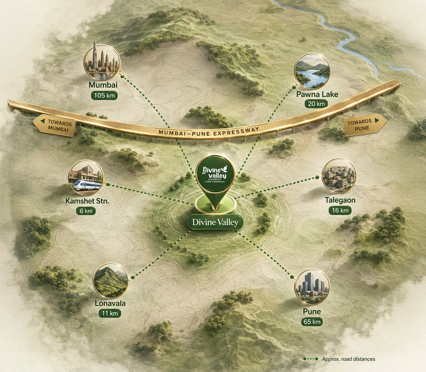 Divine Valley connectivity map — Kamshet near the Mumbai-Pune Expressway